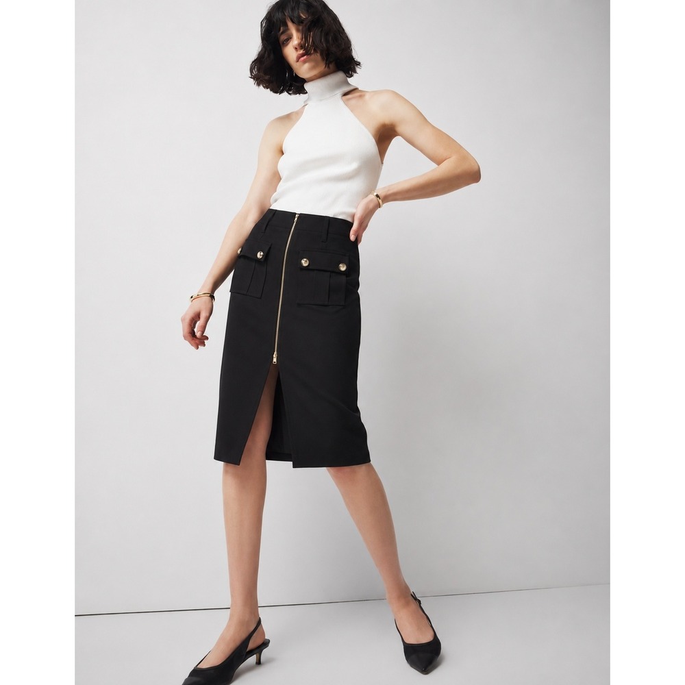 White House Black Market Black Front Zip Cargo Pencil Skirt Gold Hardware 12